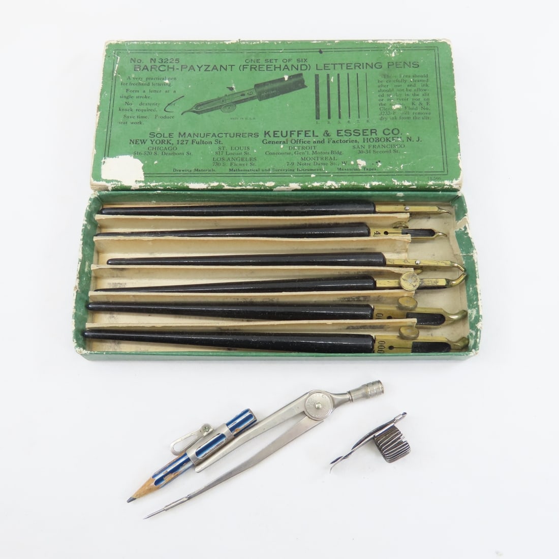 Barch-Payzant Set of 6 Freehand Lettering Pens: Barch-Payzant Set of 6 Freehand Lettering Pens - No. N3225 by Keuffel & Esser Co, compass and clip. LOT SIZE: 8x4x1", 1 LB All information and photos are intended to be as accurate as possible, but