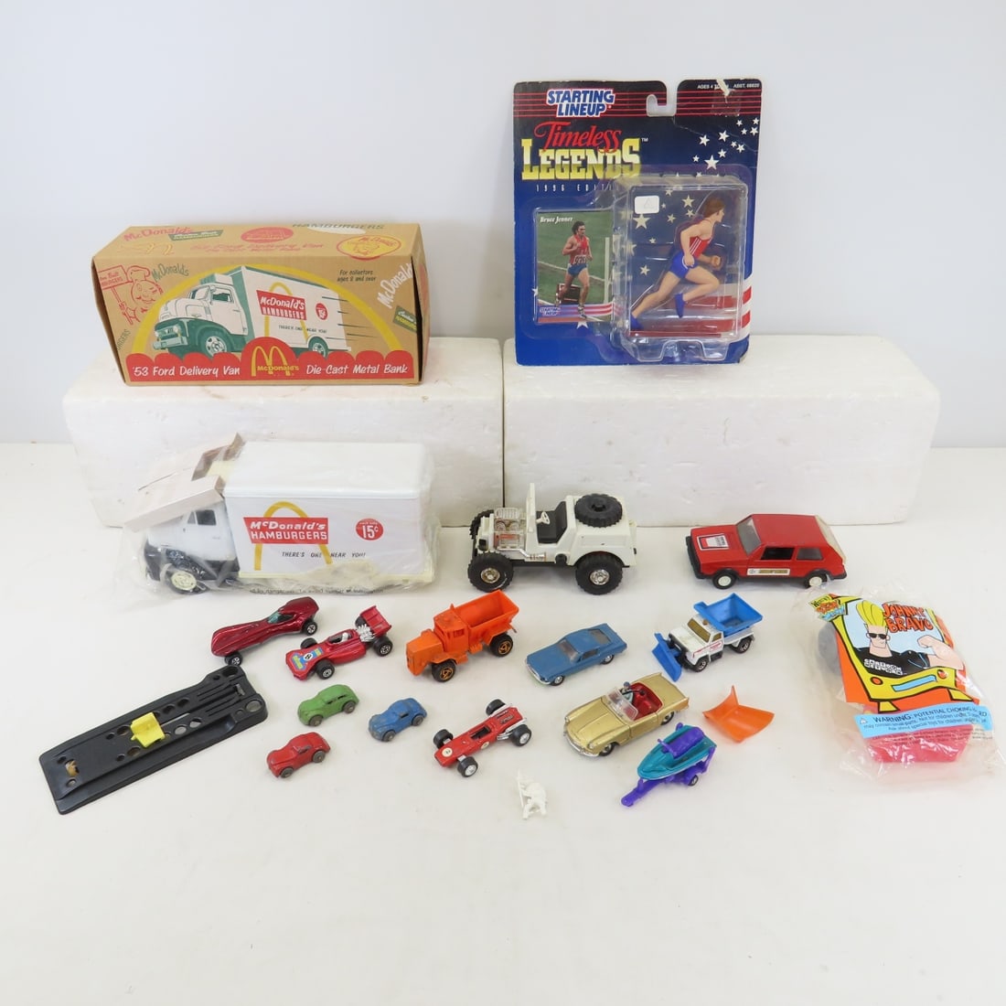 Bruce Jenner Starting Lineup & Diecast Toys: Bruce Jenner Starting Lineup & Diecast Toys - ERTL McDonald's truck in box, 1 racing wheels, Hot Wheels and more. LOT SIZE: 11x11x6", 5 LBS All information and photos are intended to be as accurate