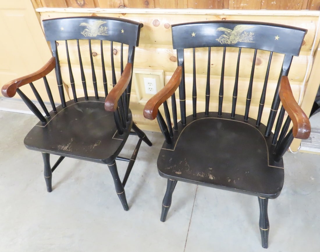Pair of Antique Stone & Nichols Federal Chairs: Pair of Antique Stone & Nichols Federal Chairs - painted eagles, wood chairs, signed on bottom of seat, paint has some wear and use scratches, some bottom joints have been glued. Each chair measures