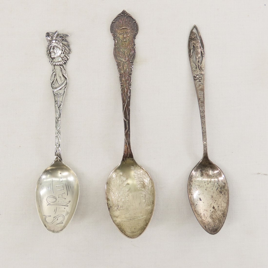 2 MN & 1 Spokane, WA Indian Chief Sterling Spoons: 2 MN & 1 Spokane, WA Indian Chief Sterling Spoons - Minnehaha Falls, St. Paul, and Spokane. 1.7 ounces total weight. Need cleaning LOT SIZE: 6x3x2", 1 LB. All information and photos are intended to