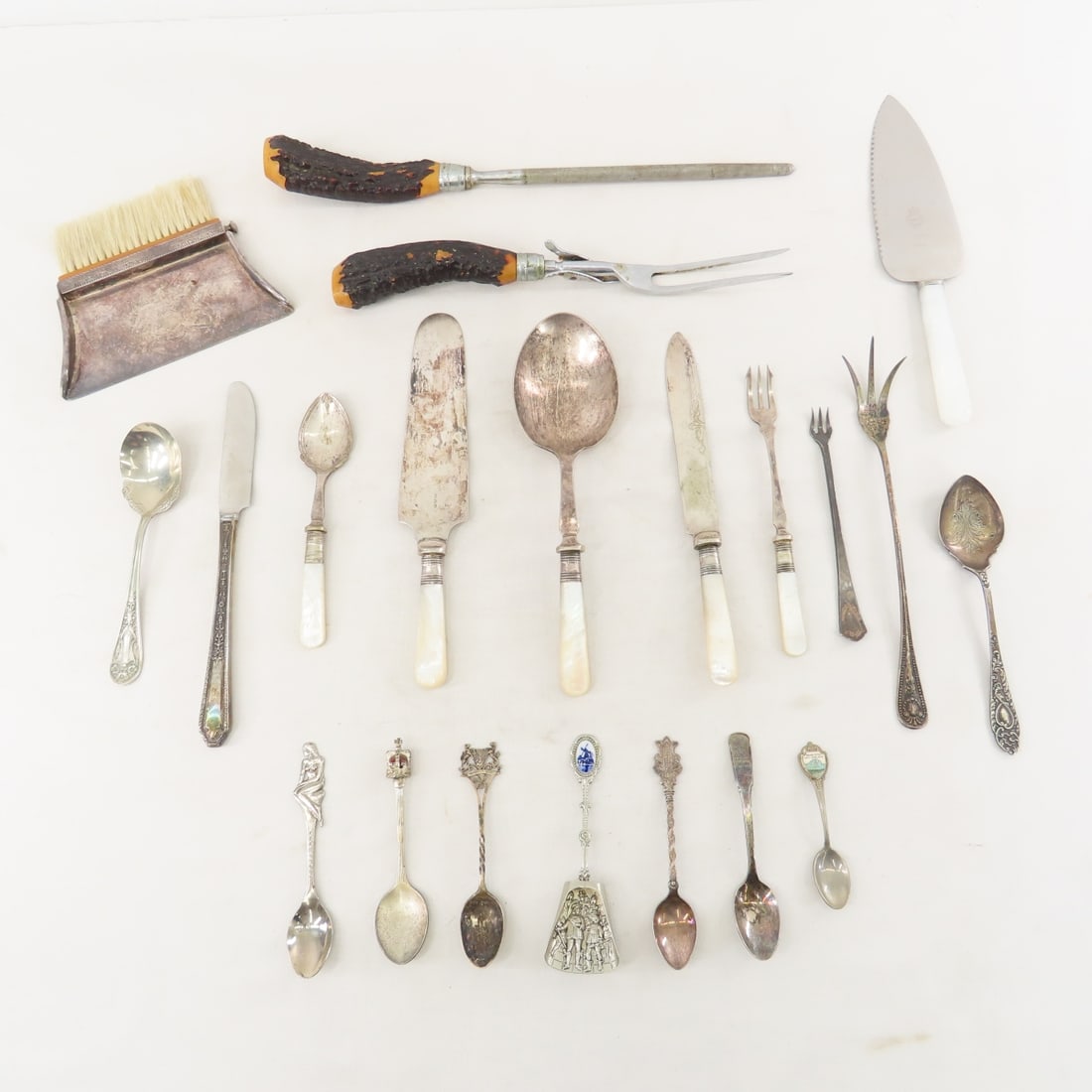 Souvenir Spoons, Crumb Catcher & Comb and More: Souvenir Spoons, Crumb Catcher & Comb and More - 5 EPNS pieces with mother of pearl handles, 1967 Canada spoon, Grand Teton spoon, London crown spoon, Kobenhavn nude spoon, Iowa corn spoon, Sep 19-93