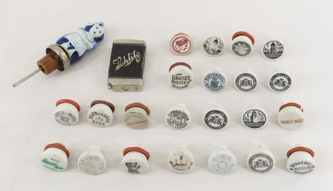 22 Porcelain Beer Bottle Caps & Schlitz Match Safe: 22 Porcelain Beer Bottle Caps & Schlitz Match Safe - Dutch Bottle Stopper. OT SIZE: 6x8x8", 2 LBS All information and photos are intended to be as accurate as possible, but errors are possible. No ite