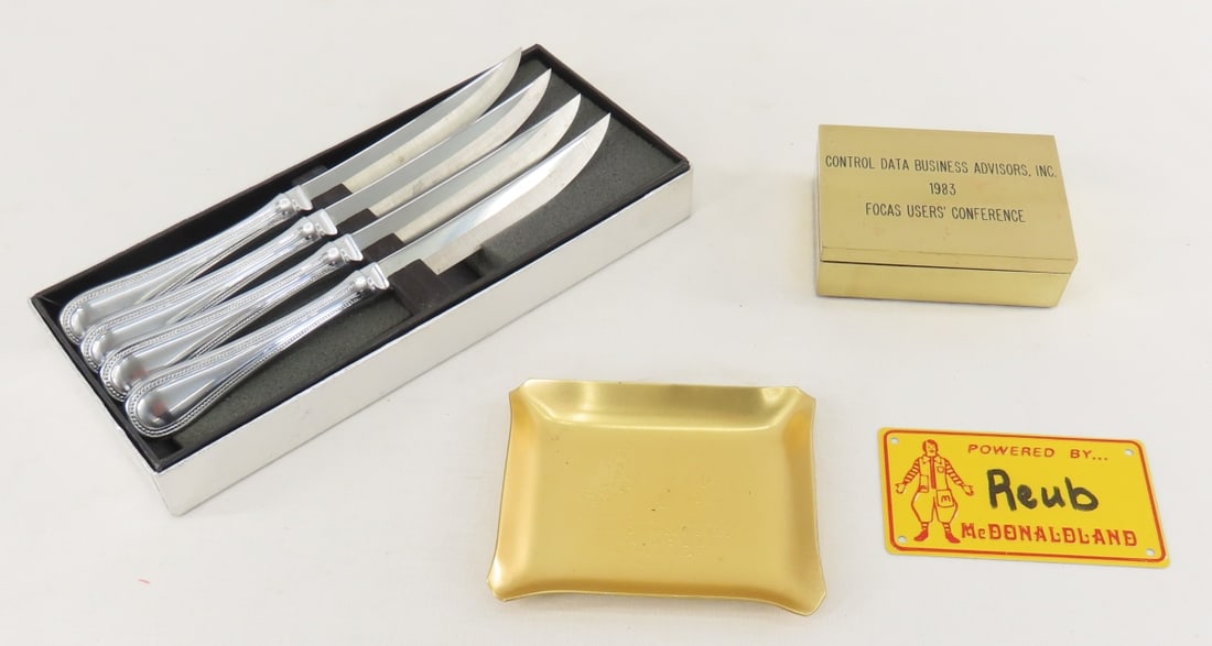 Josten's Ashtray, Knife Set, & Control Data Box: Josten's Ashtray, Knife Set, & Control Data Box - Control 1983 Brass box, Towle steak knife set, McDonald's tag. LOT SIZE: 11x5x5", 3 LBS All information and photos are intended to be as accurate as p