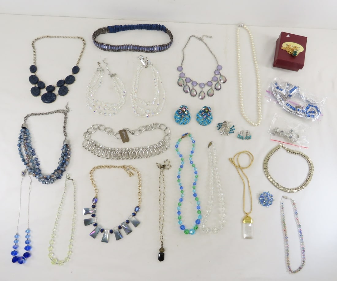 Vintage Faceted Glass Bead & Modern Jewelry: Vintage Faceted Glass Bead & Modern Jewelry - 1 modern blue & clear rhinestone set, vintage brooch & clip earring set with clear and blue stones, vintage brooch & earrings with turquoise is missing