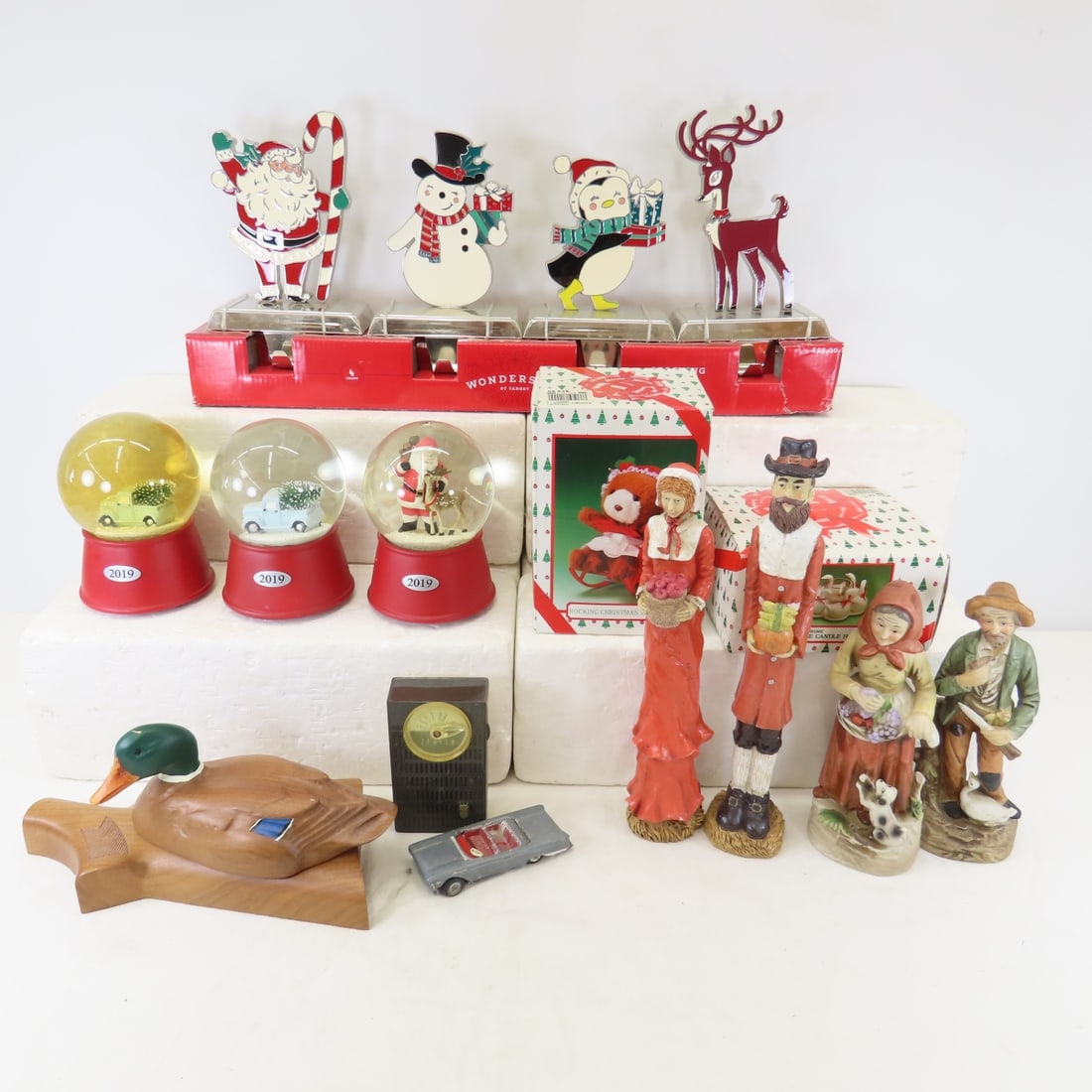 Wondershop at Target Christmas & Decor Items: Wondershop at Target Christmas & Decor Items - 3 snow musical globes- work, musical rocking bear in box (works), ceramic duck candle holder, set of 4 metal stocking holders. Wooden duck playing card h