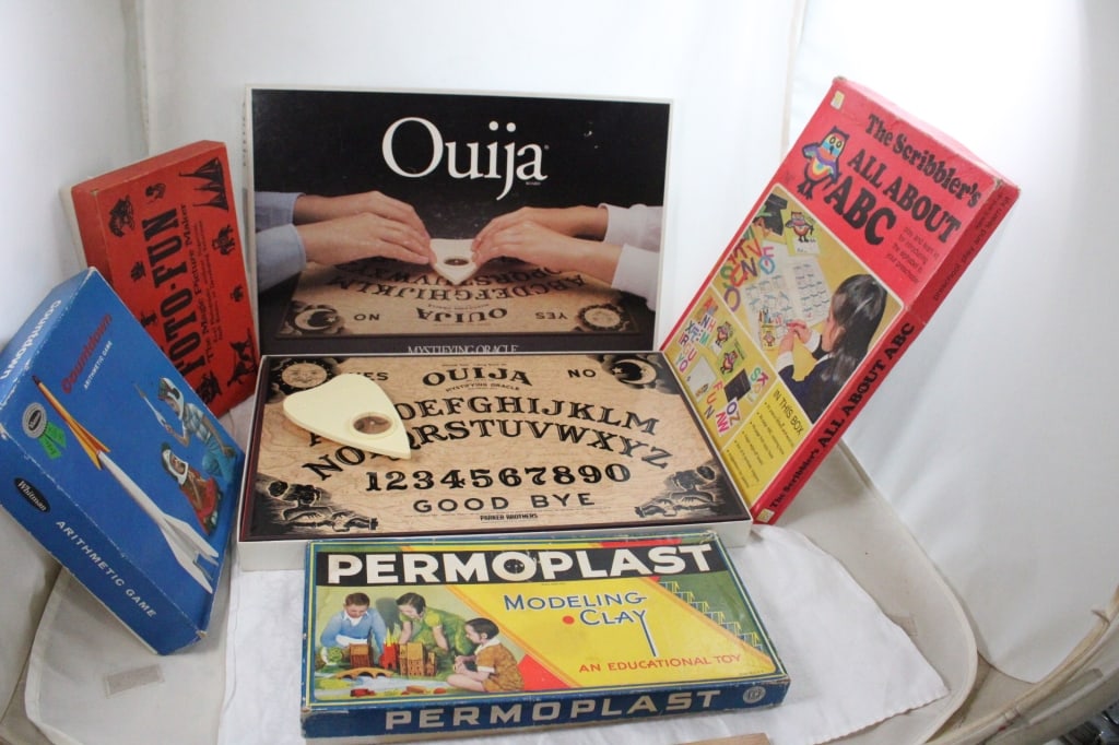 Vintage Games Ouija Board Parker Bros. and More: Vintage Games Ouija Board Parker Bros. and More - Whitman Space Arithmetic Game, Foto-Fun Magic Picture Maker, Permoplast Modeling Clay 1930's, Scribbler's All About ABC's. 18" x 14" x 5". 7