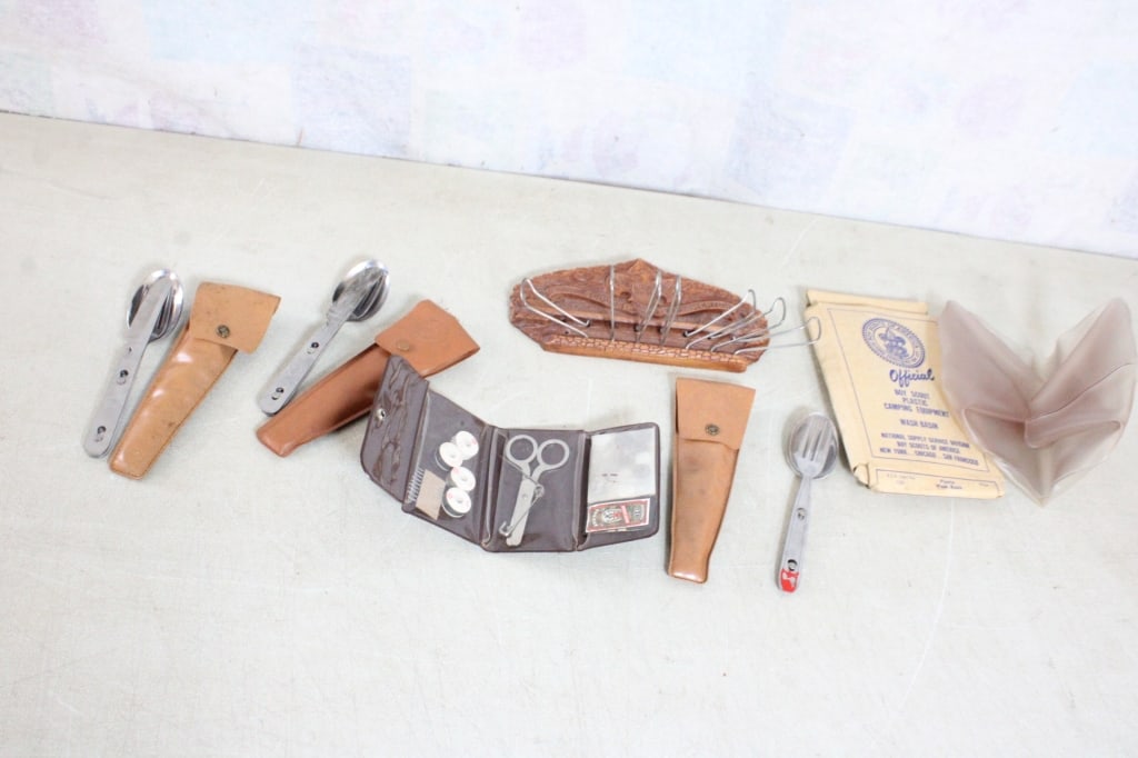 BSA Tie Rack 3 Sets Flatware, Wash Basin & More: BSA Tie Rack 3 Sets Flatware, Wash Basin & More - Wash Basin in box, Sewing Kit. Lot Size 8" x 8" x 8". 2 Lbs. All information and photos are intended to be as accurate as possible, but errors