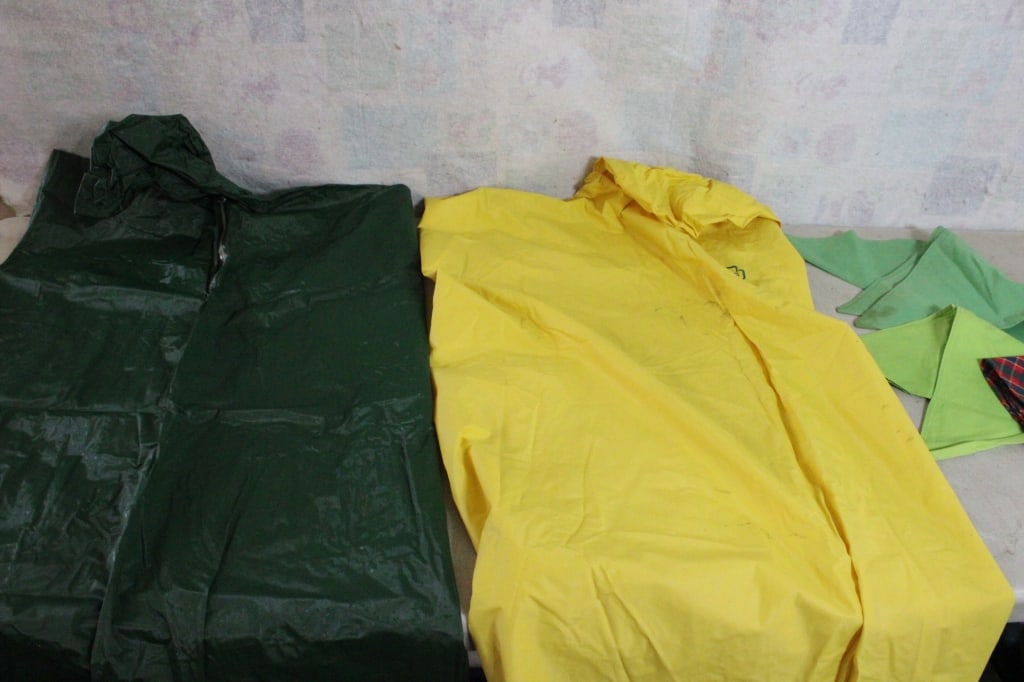Vintage Girl Scout 2 Rain Ponchos, 3 Neckerchiefs: Vintage Girl Scout 2 Rain Ponchos, 3 Neckerchiefs - Lot Size 15" x 12" x 6". 3 Lbs. All information and photos are intended to be as accurate as possible, but errors are possible. No item