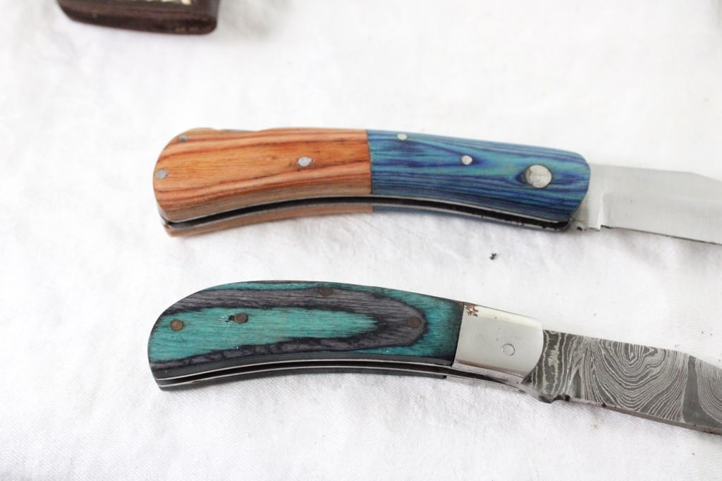 2 Unbranded Damascus Folding Knives w/Sheaths - 11