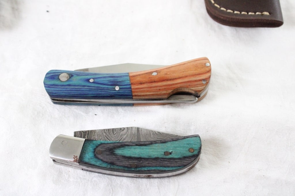 2 Unbranded Damascus Folding Knives w/Sheaths - 12