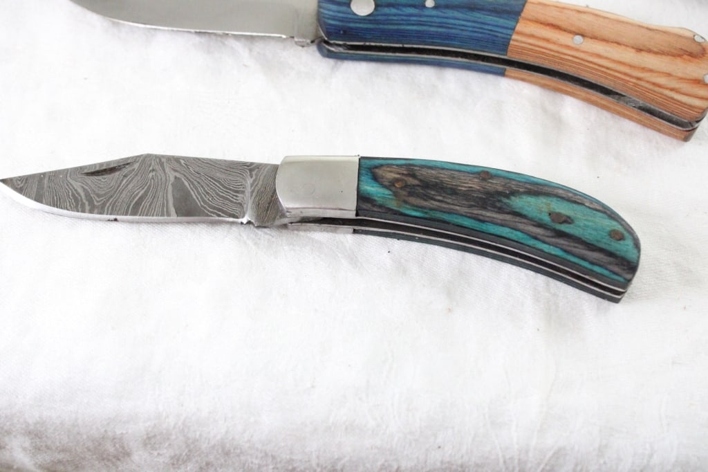 2 Unbranded Damascus Folding Knives w/Sheaths - 2