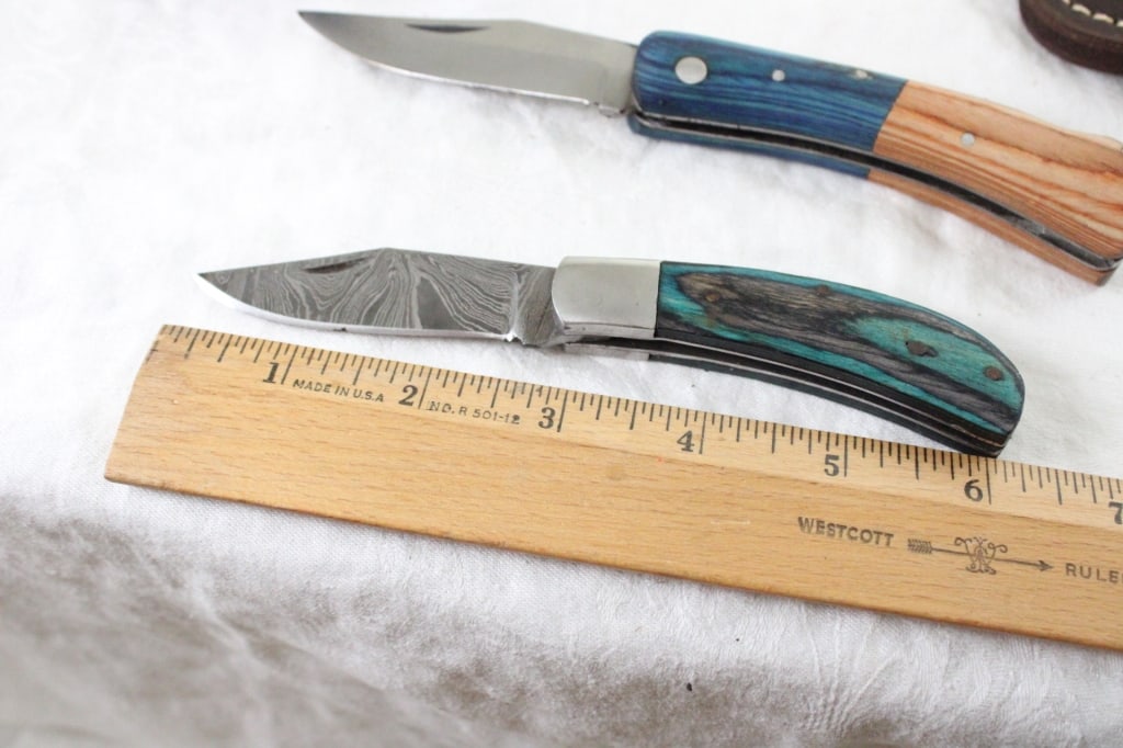 2 Unbranded Damascus Folding Knives w/Sheaths - 7