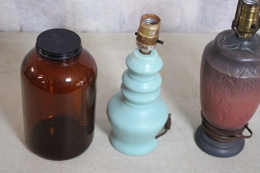 2 Signed Pottery Lamps, Duraglas Apothecary Jar - 3
