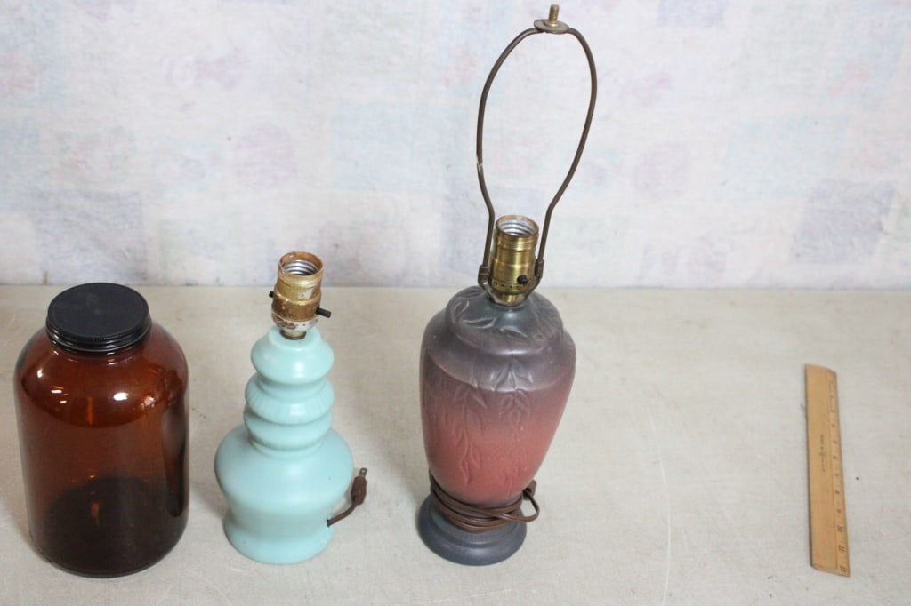 2 Signed Pottery Lamps, Duraglas Apothecary Jar - 4