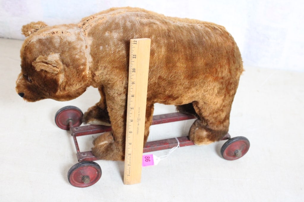 Antique Straw Stuffed Bear Pull Toy - 12