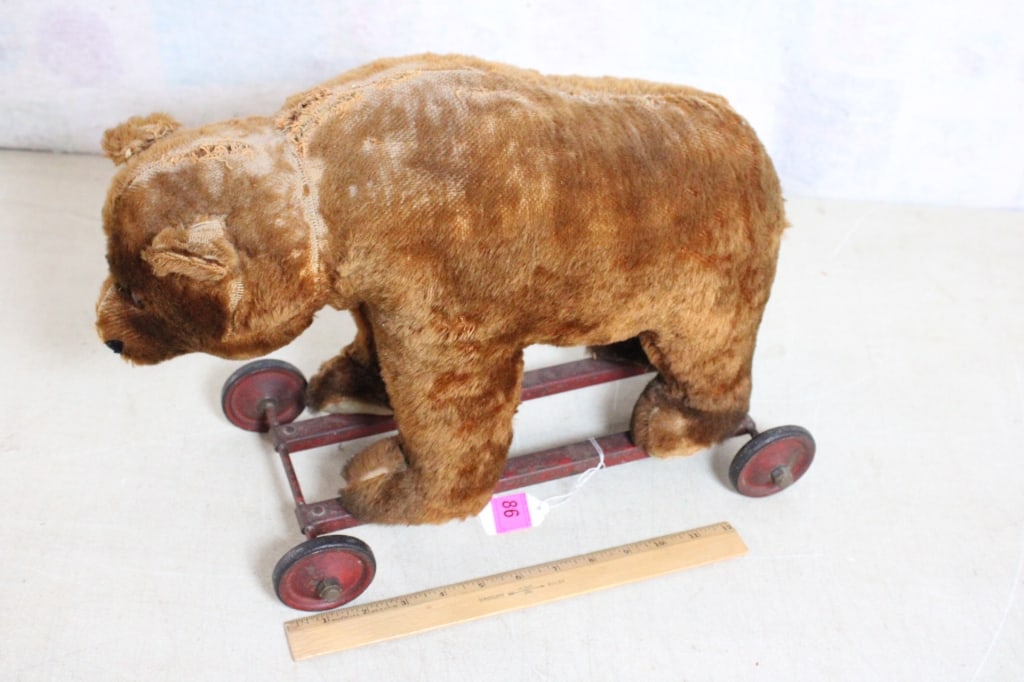 Antique Straw Stuffed Bear Pull Toy - 13