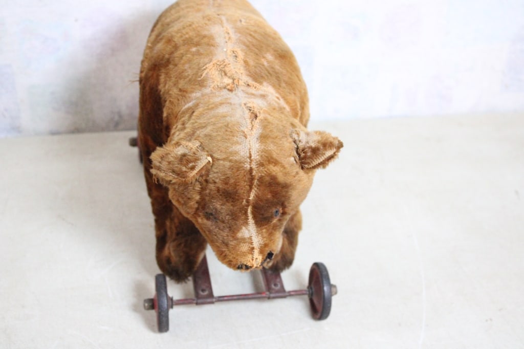 Antique Straw Stuffed Bear Pull Toy - 2