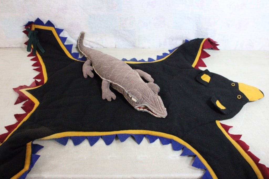 Antique Stuffed Alligator, Handmade Child Bear Rug: Antique Stuffed Alligator, Handmade Child Bear Rug - Alligator is missing one foot. Lot Size 20" x 15" x 10". 3 Lbs. All information and photos are intended to be as accurate as possible, but