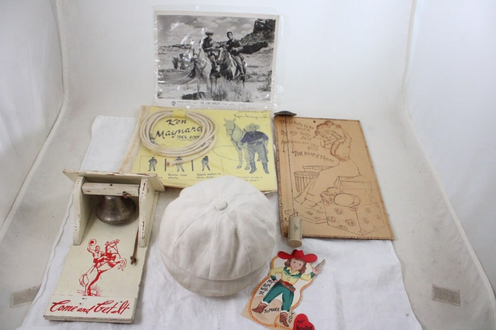 Store Display, Western Dinner Bell & More: Store Display, Western Dinner Bell & More - Warner Bros. Movie Still Photo Lone Ranger & Tonto, Ken Maynard's Trick Western Rope, 1930's Mickey Mouse Walt Disney Enterprises Newsboy Cap Made