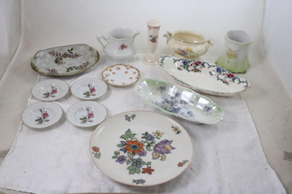 Porcelain Vase, Relish Tray, & Serving Pieces: Porcelain Vase, Relish Tray, & Serving Pieces - Cream, Sugar, makers are Bavaria, Germany & Nippon. Lot Size 10" x 9" x 8". 5 Lbs All information and photos are intended to be as accurate as