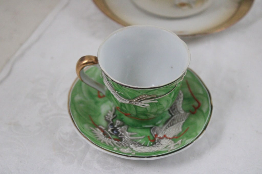 4 Teacups, 1 Demitasse Dragon Cup, Saucers, Sugar - 2