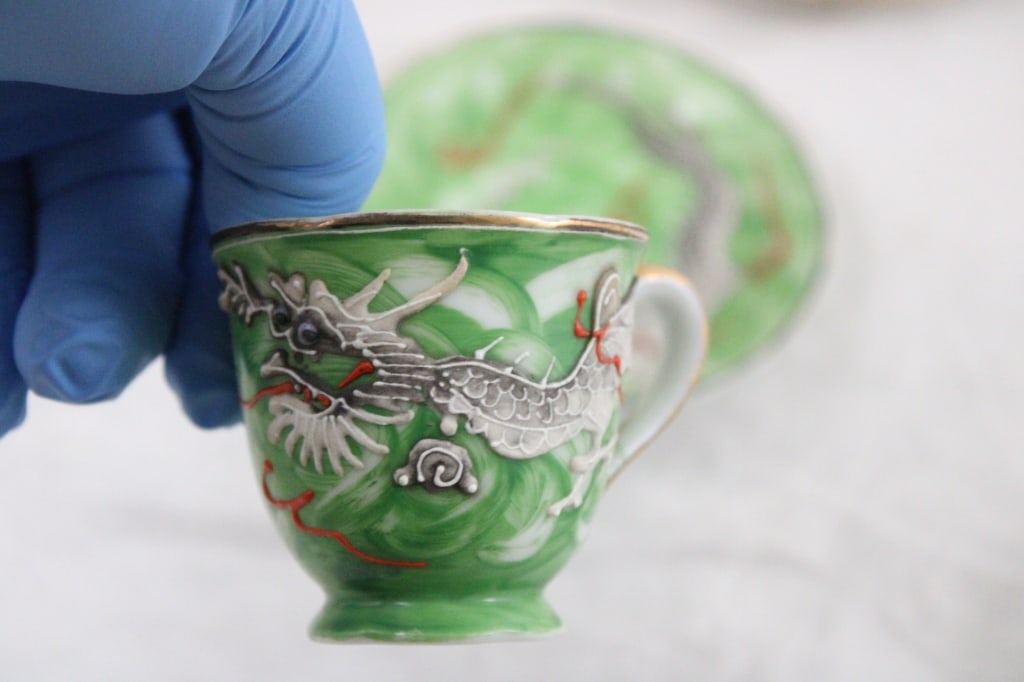 4 Teacups, 1 Demitasse Dragon Cup, Saucers, Sugar - 4