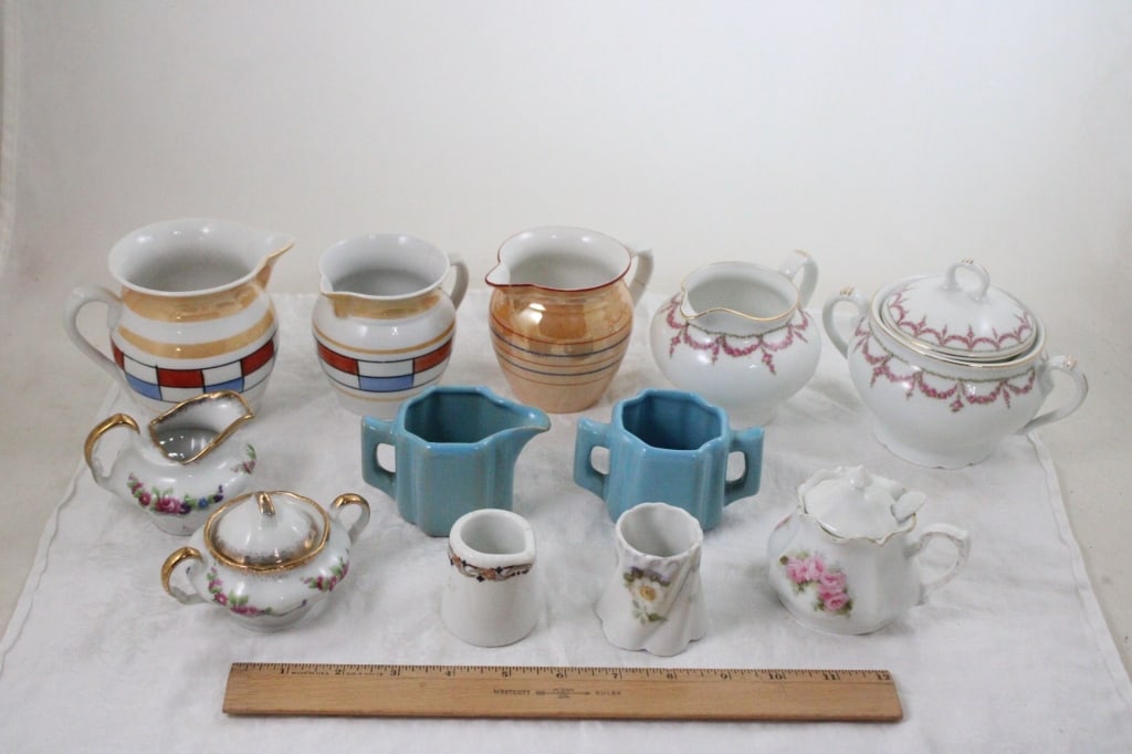 Vintage Creamers and Sugars, Rosemeade Set: Vintage Creamers and Sugars, Rosemeade Set - Czech Set, 2 Czeck Creamers, R. K. Germany and Condiment and Toothpick Holder. Lot Size 18" x 6" 5". 4 Lbs. All information and photos are intended