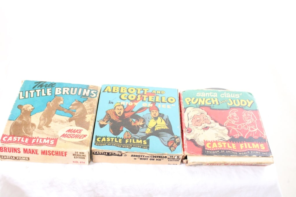 3 16mm Films -Abbott & Costello, Punch & Judy: 3 16mm Films -Abbott & Costello, Punch & Judy - Three Little Bruins. All by Castle Films. Lot Size 4" 4" x 4". 1 Lb. All information and photos are intended to be as accurate as possible, but