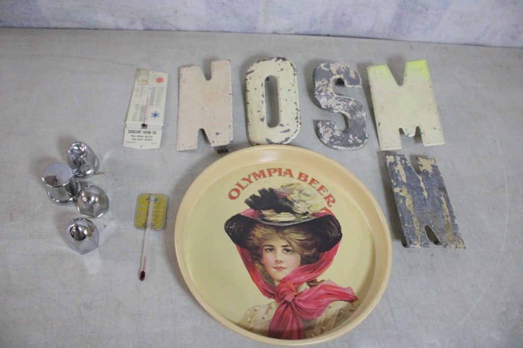 Olympia Beer Tray, Metal Letters, Hubcaps & More (1 of 12)