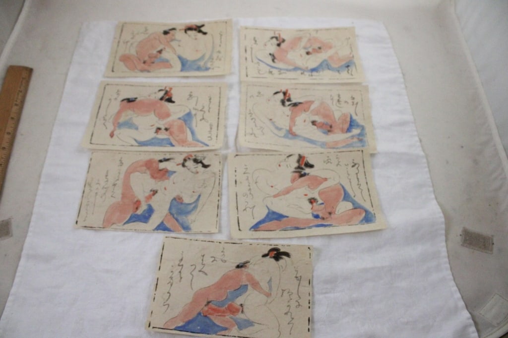 7 Antique Shunga Japanese Wood Block Erotic Prints: 7 Antique Shunga Japanese Wood Block Erotic Prints - Lot Size 9" x 6" x 1". .5 Lb. All information and photos are intended to be as accurate as possible, but errors are possible. No item may 