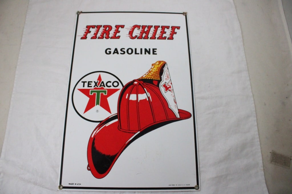 Ande Rooney Fire Chief Gasoline Porcelain Sign (1 of 8)