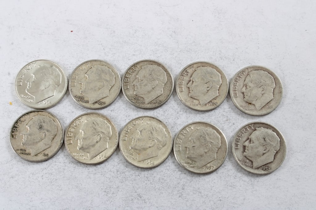 10 Silver Roosevelt Dimes: 10 Silver Roosevelt Dimes - Lot Size 3" x 2" x 1". .5 Lb. All information and photos are intended to be as accurate as possible, but errors are possible. No item may be returned or refused