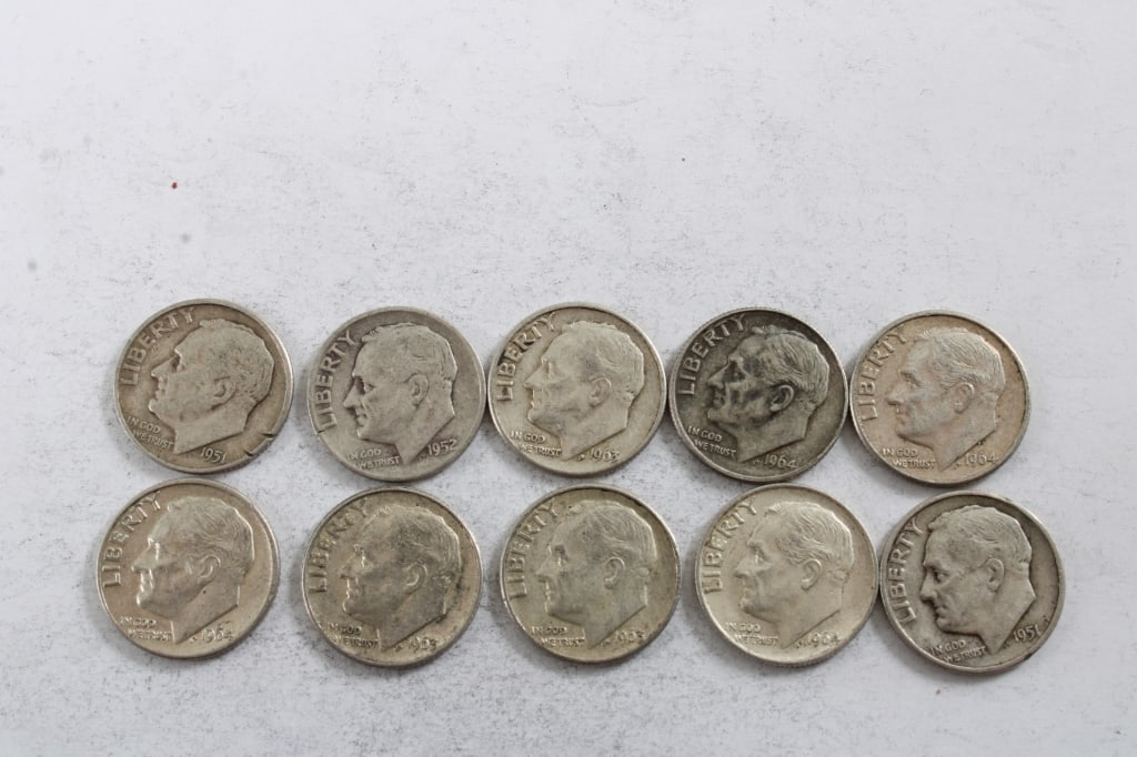10 Silver Roosevelt Dimes: 10 Silver Roosevelt Dimes - Lot Size 3" x 2" x 1". .5 Lb. All information and photos are intended to be as accurate as possible, but errors are possible. No item may be returned or refused