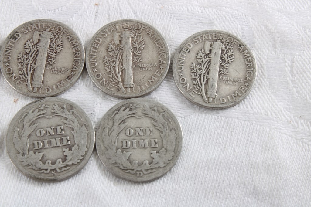 11 Silver Dimes 5 Barber & 6 Mercury - 10