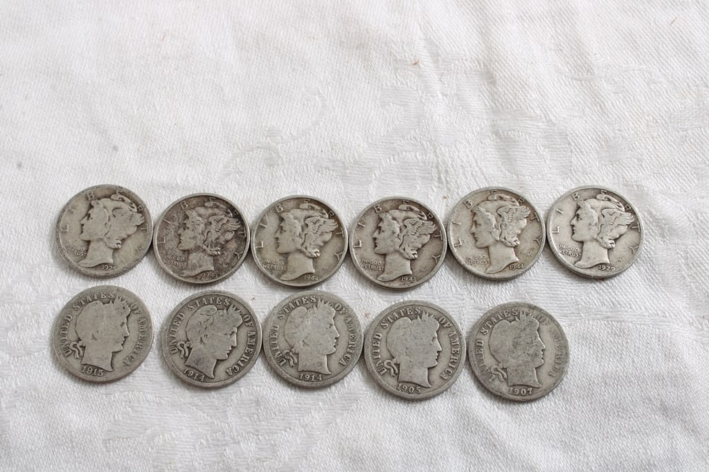 11 Silver Dimes 5 Barber & 6 Mercury: 11 Silver Dimes 5 Barber & 6 Mercury - Lot Size 3" x 2" x 1". .5 Lb. All information and photos are intended to be as accurate as possible, but errors are possible. No item may be returned o