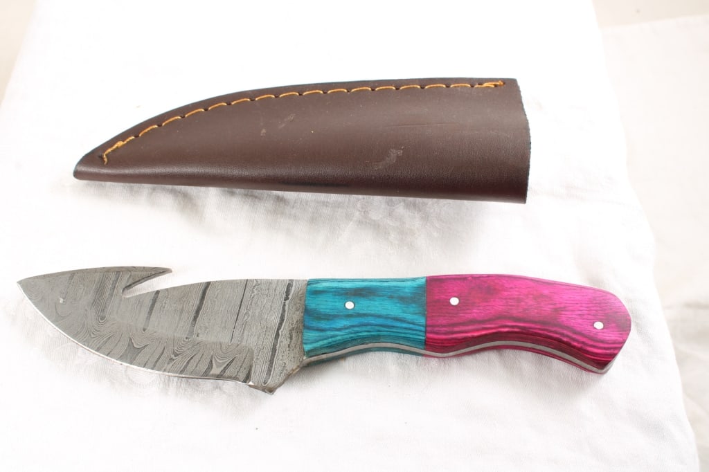 3 Damascus Custom Made Knives in Sheaths - 12