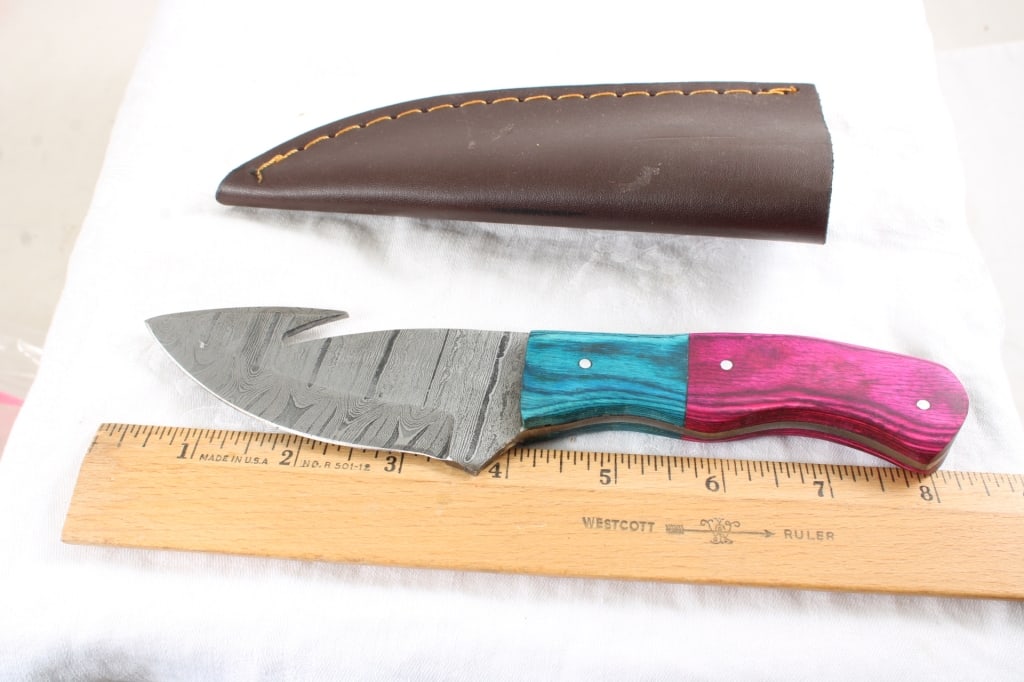 3 Damascus Custom Made Knives in Sheaths - 13