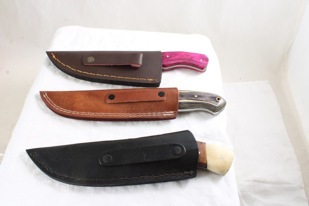 3 Damascus Custom Made Knives in Sheaths - 18