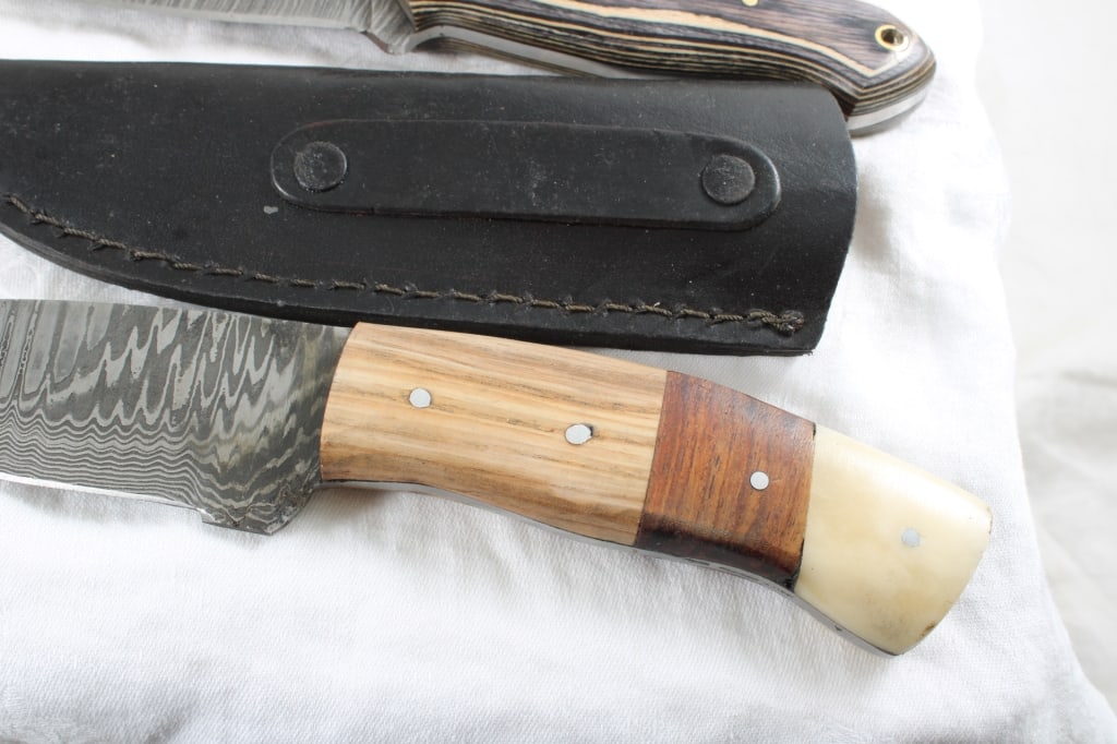 3 Damascus Custom Made Knives in Sheaths - 3