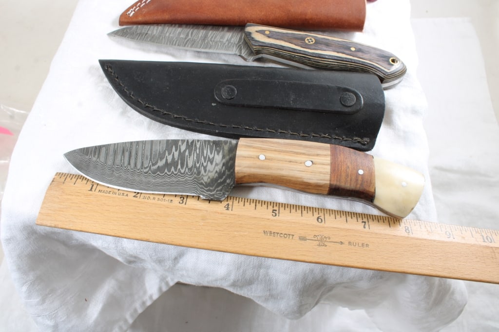 3 Damascus Custom Made Knives in Sheaths - 4