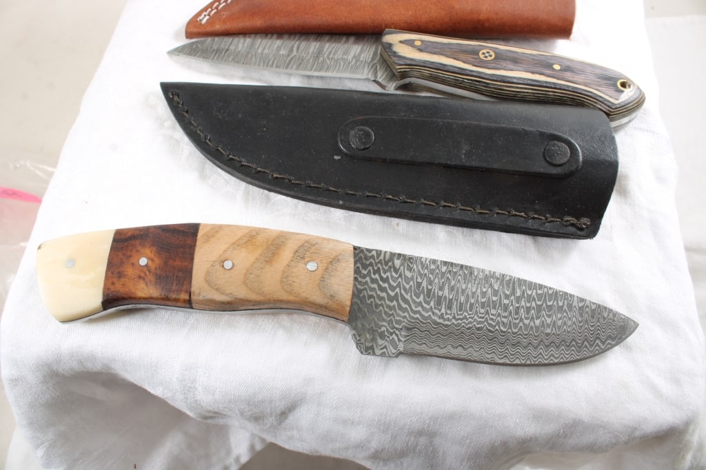 3 Damascus Custom Made Knives in Sheaths - 5
