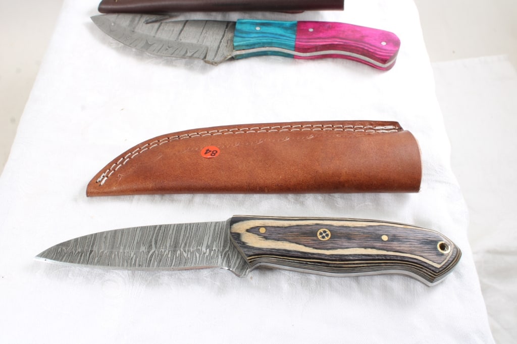 3 Damascus Custom Made Knives in Sheaths - 6