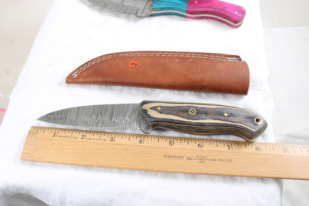 3 Damascus Custom Made Knives in Sheaths - 7