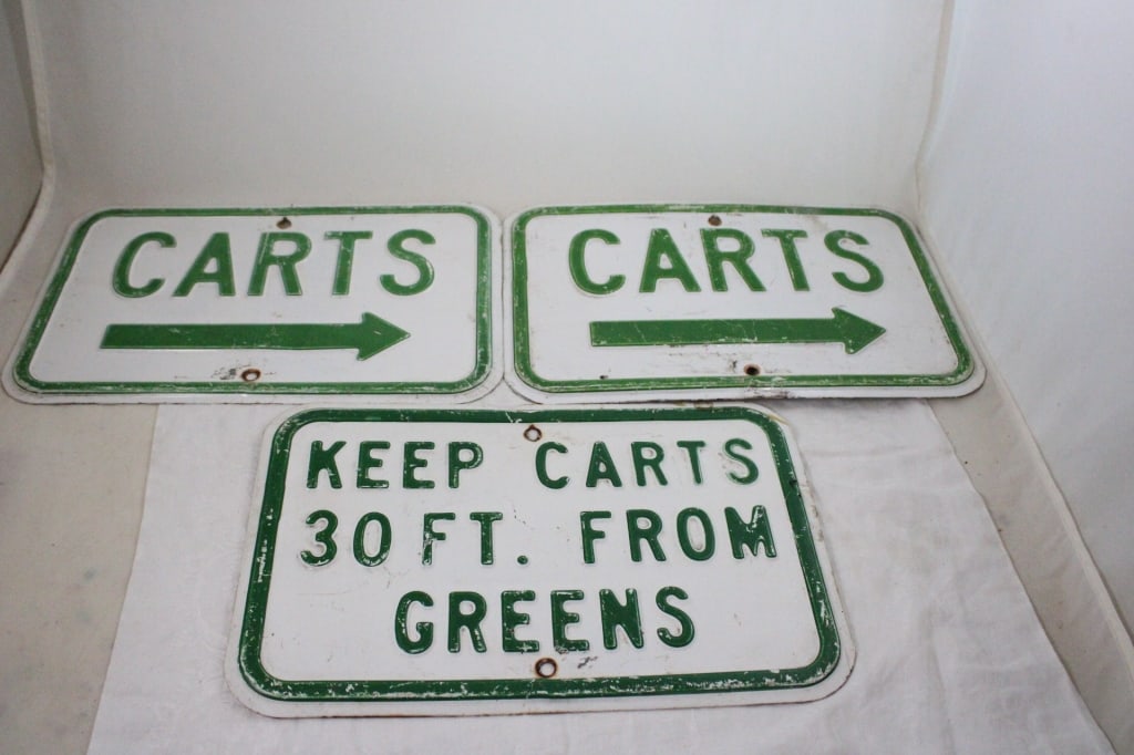 3 Golf Course CARTS Pressed Steel Embossed Signs: 3 Golf Course CARTS Pressed Steel Embossed Signs - Lot Size 14" x 9" x 1". 5 Lbs. All information and photos are intended to be as accurate as possible, but errors are possible. No item