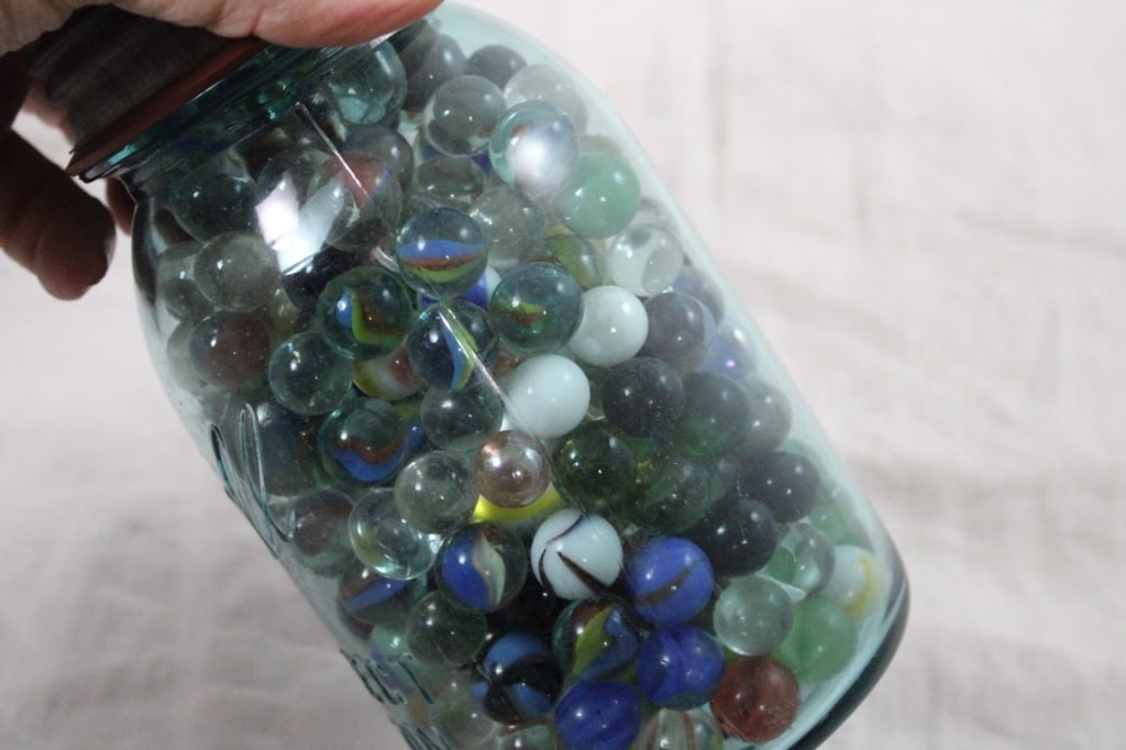 2 Canning Blue Jars of Vintage Marbles - 10