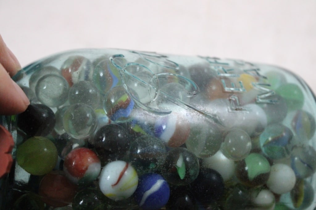 2 Canning Blue Jars of Vintage Marbles - 13