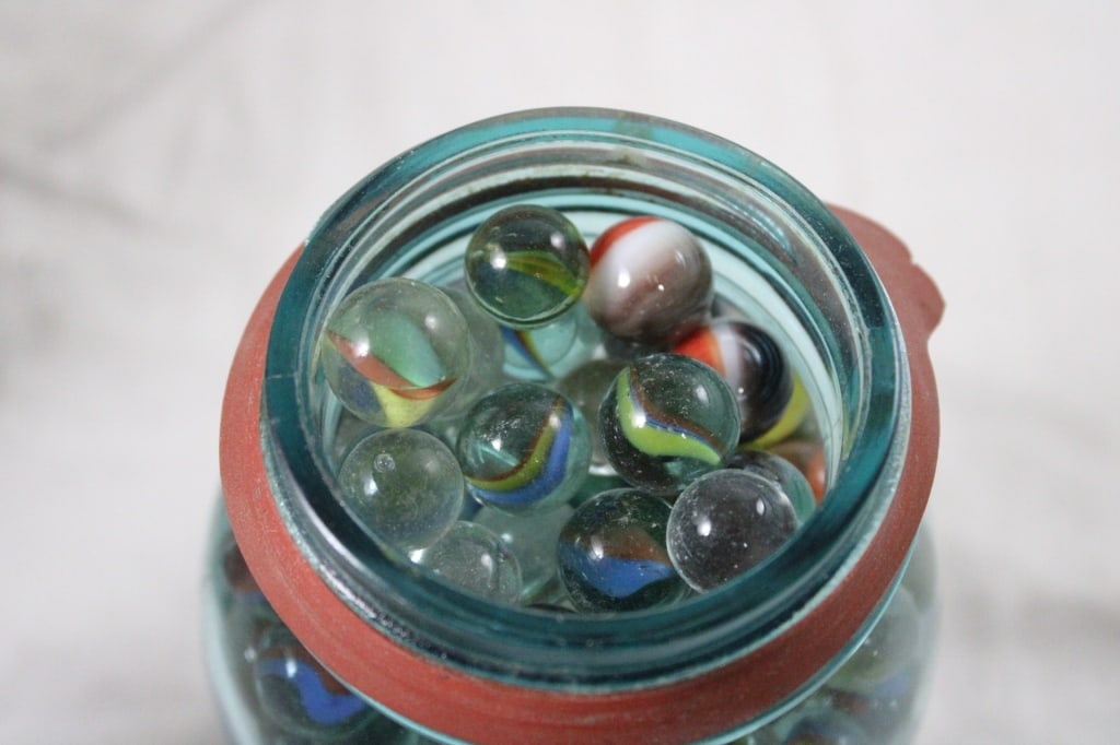 2 Canning Blue Jars of Vintage Marbles - 15