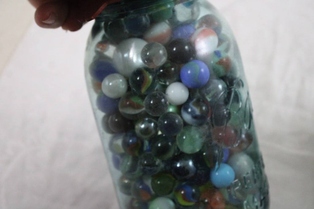 2 Canning Blue Jars of Vintage Marbles - 2