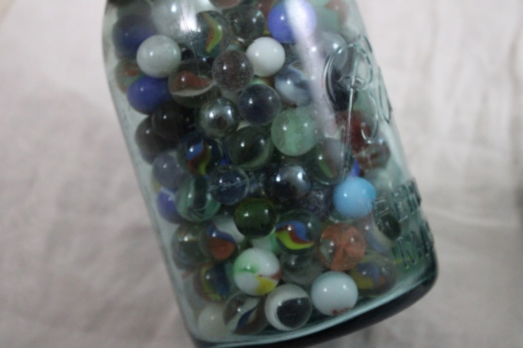 2 Canning Blue Jars of Vintage Marbles - 3
