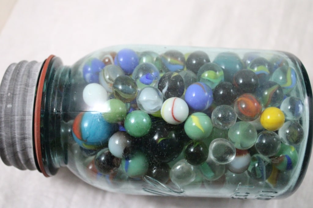 2 Canning Blue Jars of Vintage Marbles - 5